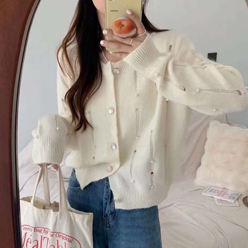 DHEssentials Chanel Style Heavy Beaded Sweater Top for Women, Autumn Winter New Chic High-end Long Sleeve Knitted Cardigan Coat