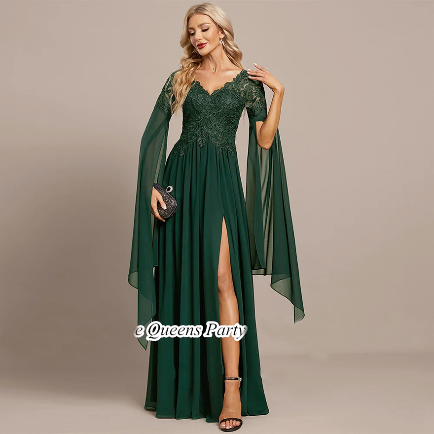 Chiffon Mother of The Bride Dress Long Sleeves V Neck Illusion Back Applique A Line High Split Wedding Party Dresses Guest Gown