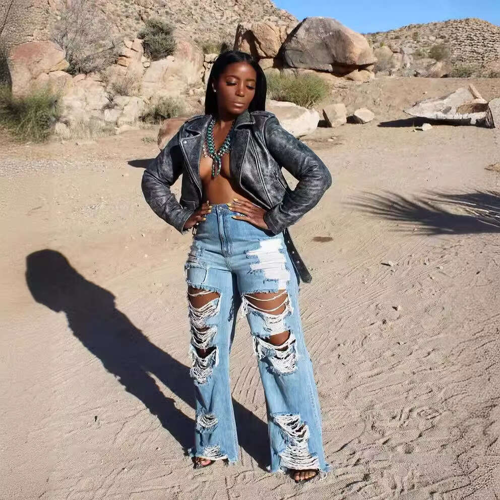 New European American sexy and fashionable burnt flower ripped jeans for sale in versatile temperament, new trendy clothing ins