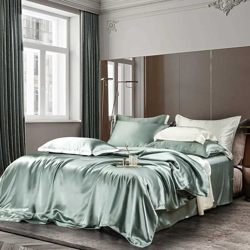 Top Grade Mulberry Silk 4Pcs Luxury Bedding set 22MM Greyish Green Soft Duvet Cover Flat sheet Pillowcases 3pcs set no sheet C250912