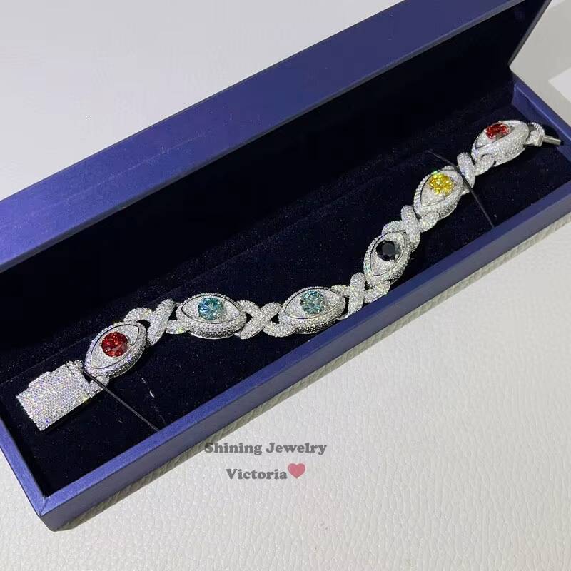 Hip Hop Jewelry Men Fashion 14K White Gold Plating Sterling Silver 925 Iced Out VVS Moissanite Diamond Evil Eye Cuban Bracelet 1