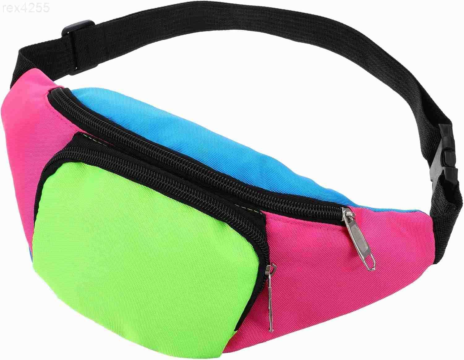 80s Neon Rave Fanny Pack with 2 Pockets Retro Belt Bag Waist Packs for Women Men Color blocked 80s Accessories Plus Size Belt Bag for Jogging Travelin