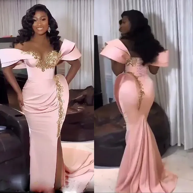 Modern Aso Ebi Pink Prom Dresses Side Slit Pleats Ruffle Off Shoulder Satin Mermaid Evening Gowns Formal Occasion Dress With Gold Lace Appliques