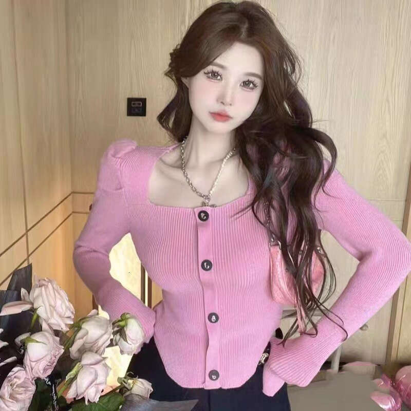 DHEssentials Autumn Winter New Slim Fit Short Top Small Fragrance Style Elegant Square Collar Buttoned Curved Puff Sleeve Knitted Sweater for Women