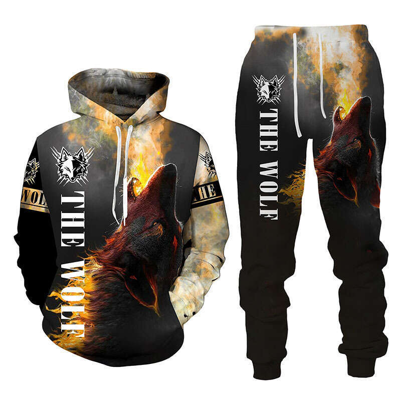 Hoodie sportswear set jacket coat hoodies tracksuit men TEMU European and American Style Men's 3D Digital Print Lion Animal Wolf Casual Sports