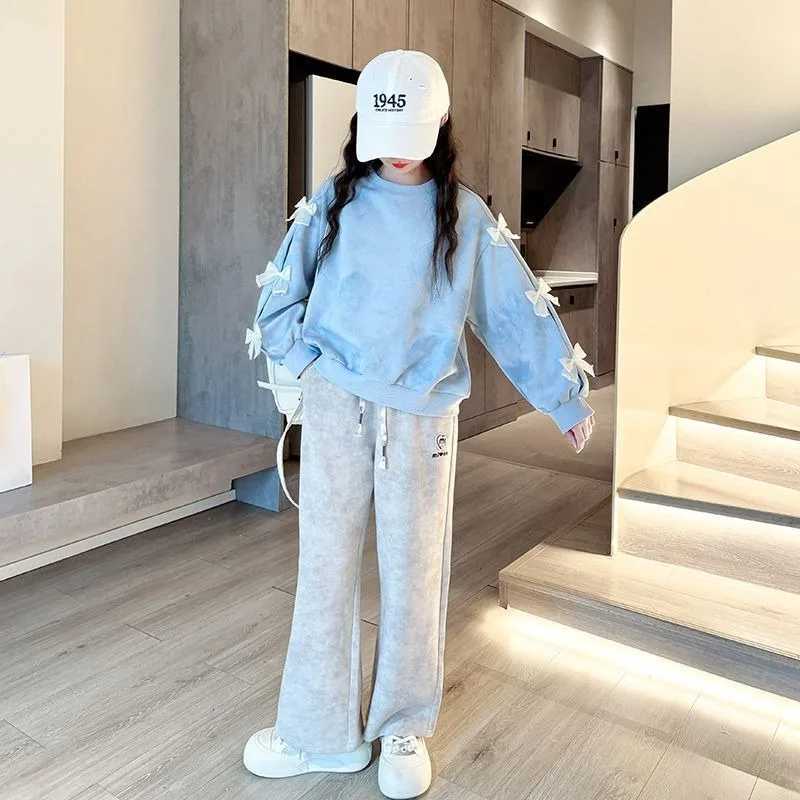 Top Pants 2Piece Set Bow Sweatshirt Girl Two Skirt Elementary Student Clothes Autumn Winter Outfit Childrens Clothing Girls C250912