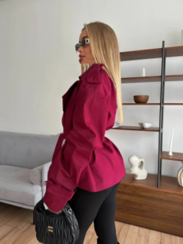 Women Lace Up Lapel Short Trench Coat Fashion Solid Waist Cinching Long Sleeve Windbreaker Chic Autumn Lady Outwear 250911