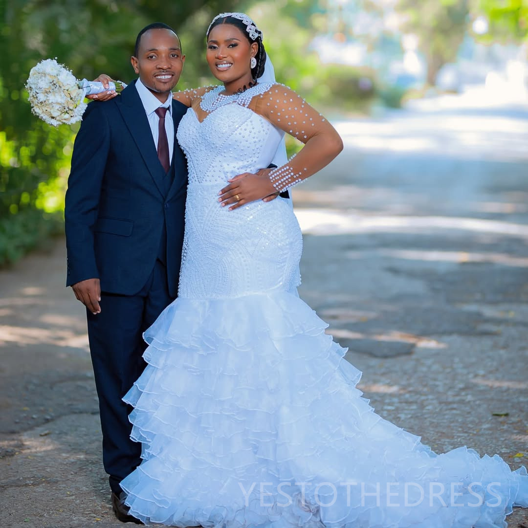 2025 Aso Ebi African Wedding Dress Bridal Gowns For Bride Mermaid Sheer Neck Pearls Illusion Beaded Lace Tires Appliqued Lace Wedding Gowns For Black 