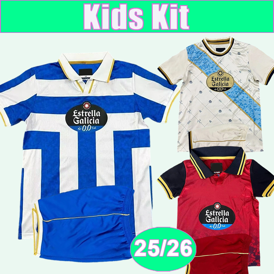 25 26 Deportivo La Coruna Kids Kit Soccer Jerseys BOULDINI YEREMAY PETXARROMAN D.VILLARES ESCUDERO Home Away 3rd Football Shirt Child Suit Uniforms