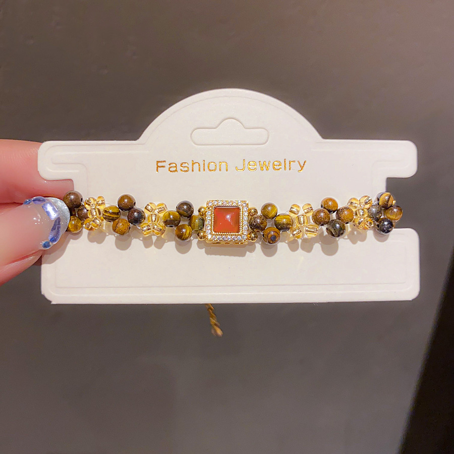 Gold - Toned Bracelet With Tiger Eye Beads And Red Gemstone Rhinestone Accent Delicate Daily & Trendy Jewelry Gift For Her Unique And Stylish Accessor