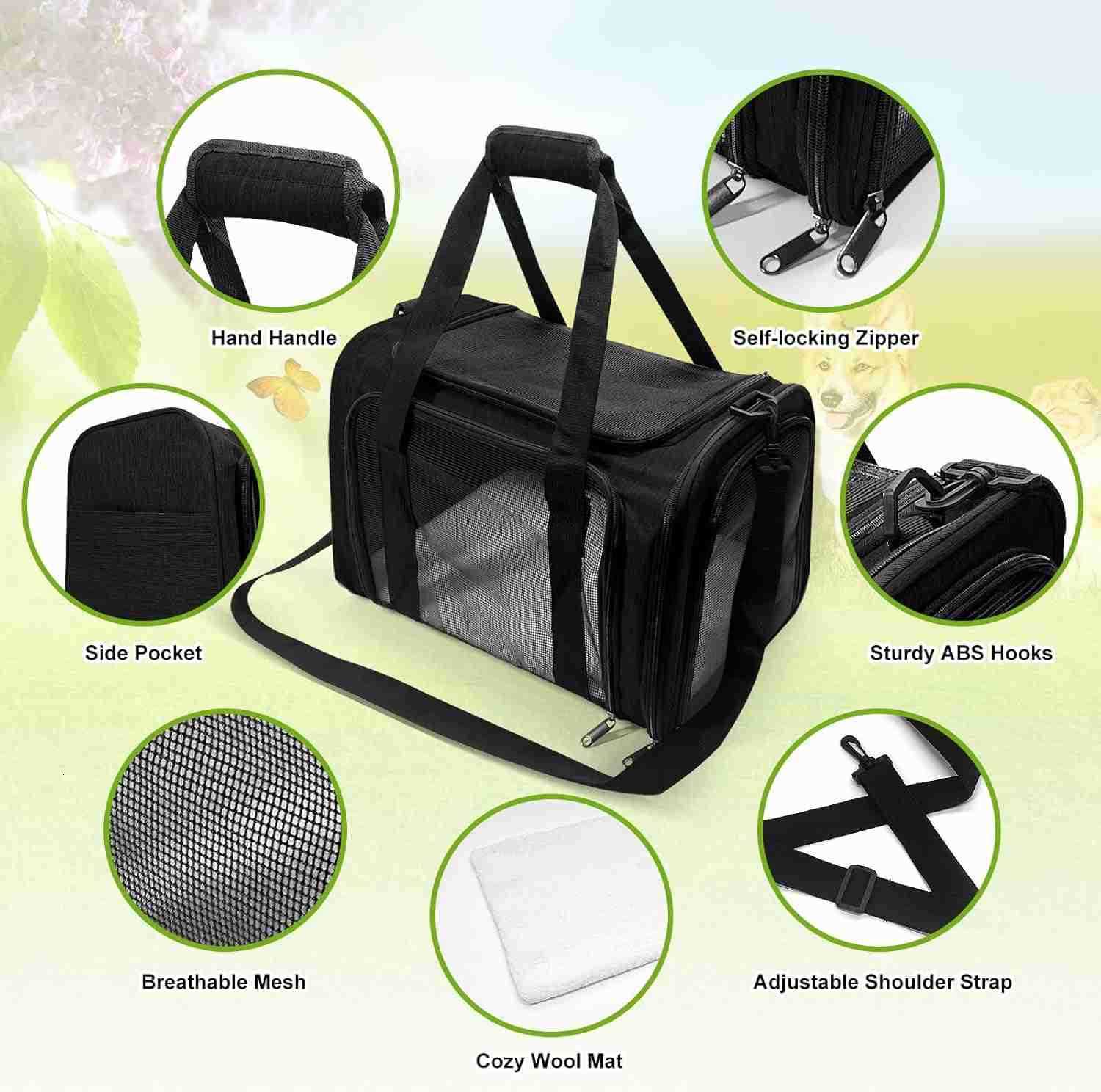 Dog Carrier for Pets Up to 25 Lbs Collapsible Travel Carriers for Puppy with Shoulder Strap and Removable Mat 20x13x13 Inch BlackW250912