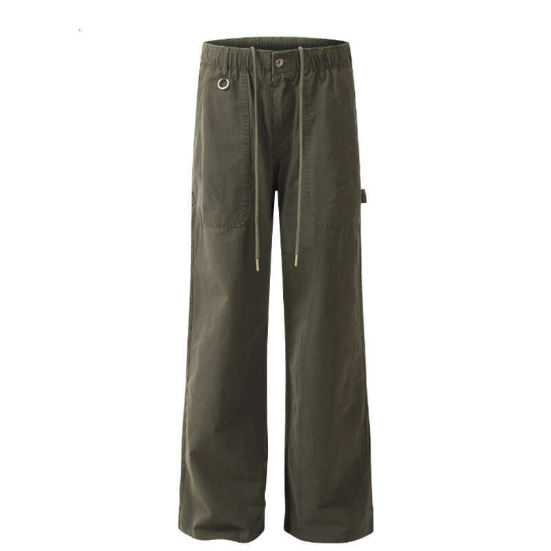 Trendy Khaki Draped Effect, Summer Design With Large Pockets, Straight Loose Fit, High Waist New Casual Pants B5