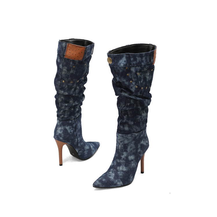 Designer boots 2025 New plus size Zipper Denim Knight Women Thin Mid Heel Pointed Toe Over the Knee Long Boots for Women