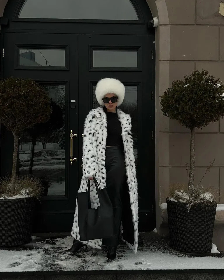 Printed Faux Fur Coat Winter Fluffy Long Sleeve Overcoat Loose Jacket 2025 Street Fashion Lady Warm Outerwears 250912