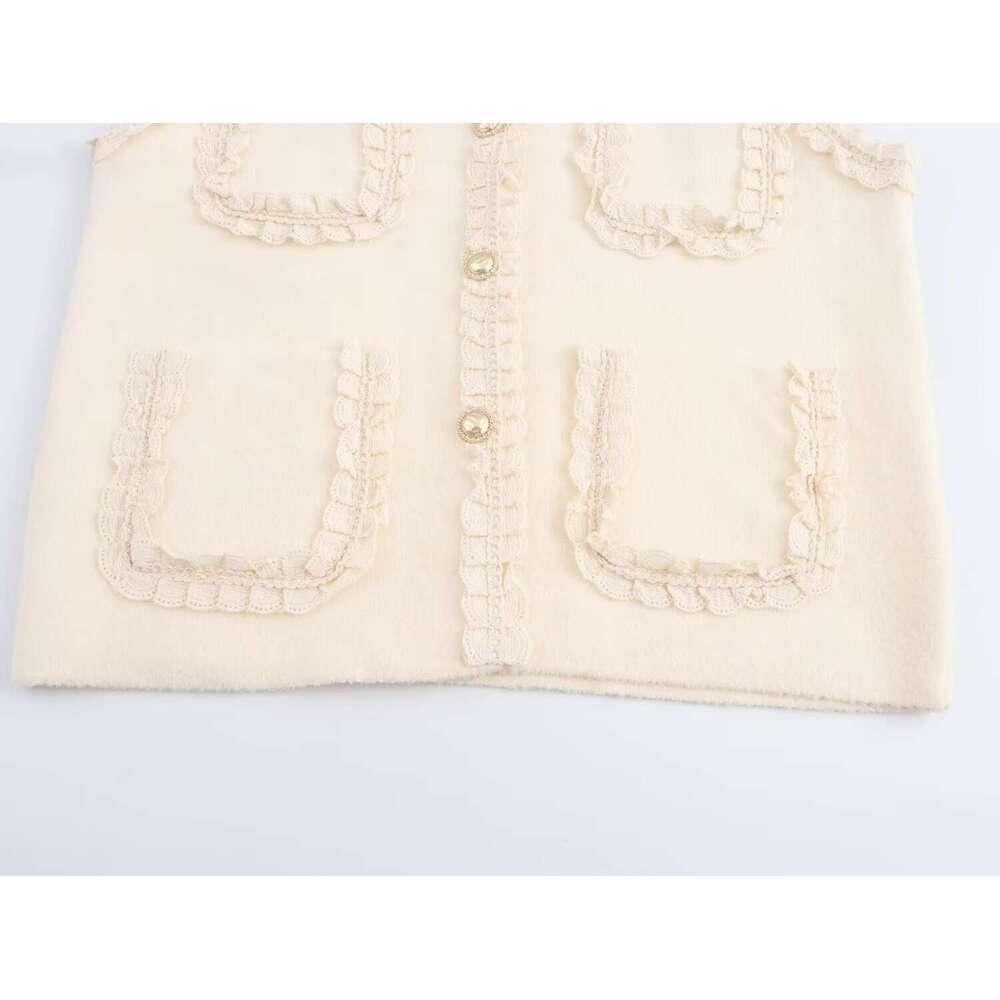 DHEssentials 2025 Autumn New French Style Lace Sweet Knitted Sleeveless Cardigan Vest