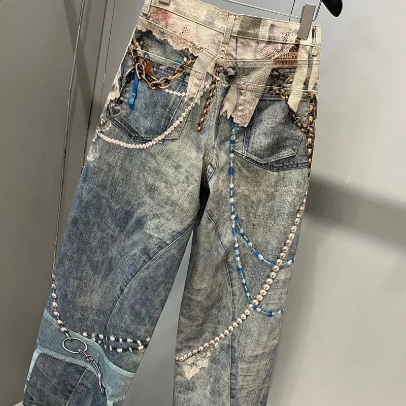 DEAT Fashionable Niche 3D Printed Lace Pearl Chain Denim Pants For Women High Waist Straight Leg Jeans Female Trendy 11A05476 250911