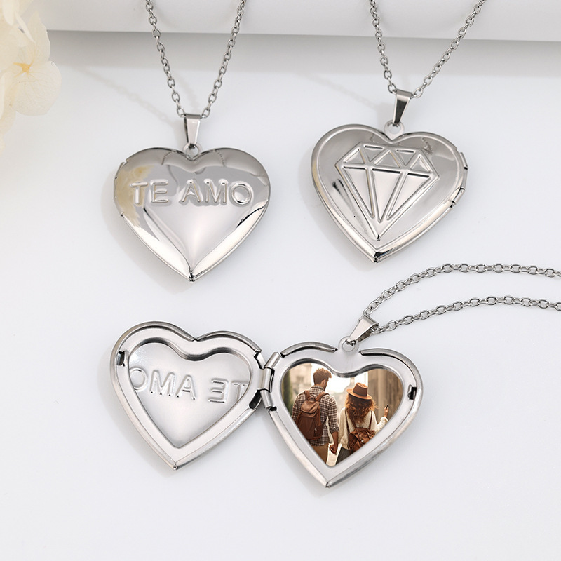 Fashion Versatile Stainless Steel Photo Necklace Round Single-Sided Hollow Commemorative Box Printed Pendant Jewelry