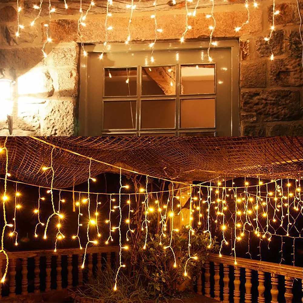 Solar Curtain Icicle Light 35M Eaves Decor Outdoor Fairy String Lights Wedding Party Christmas Stair Decor Garden Garlands C250912