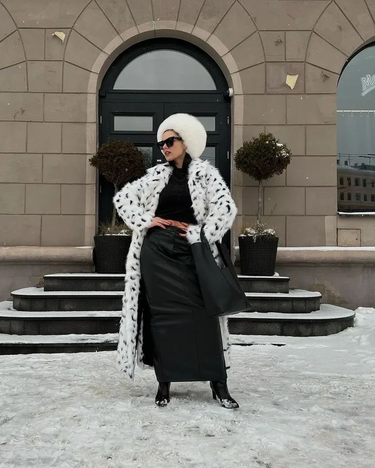 Printed Faux Fur Coat Winter Fluffy Long Sleeve Overcoat Loose Jacket 2025 Street Fashion Lady Warm Outerwears 250912