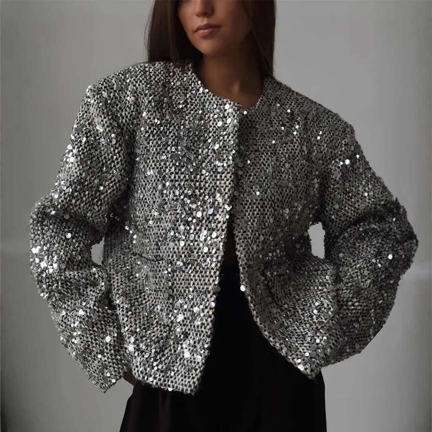 DHEssentials French Style Chic Personality Street Round Neck Tweed Short Sequin Jacket