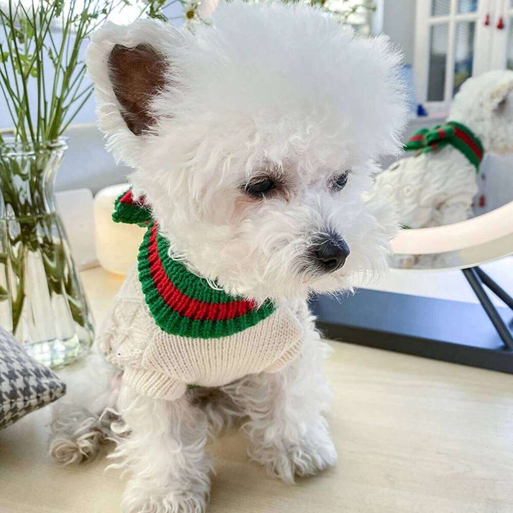 Dog Clothes 1PC Pet Cat Autumn Hollow Red and Green Bow Elastic Pullover Sweater
