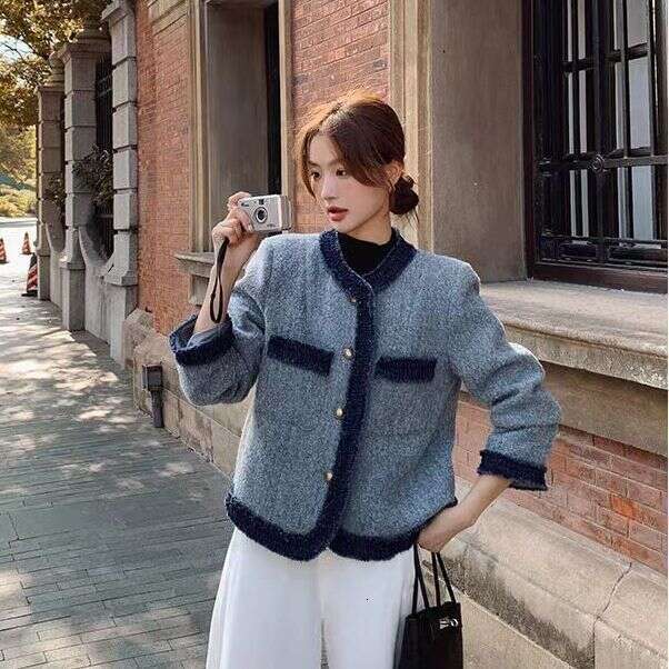 DHEssentials French Style Chanel-Inspired Coat with Fleece Lining, Thickened Blue Winter Jacket, Elegant and Warm High-End Feel Women's Top