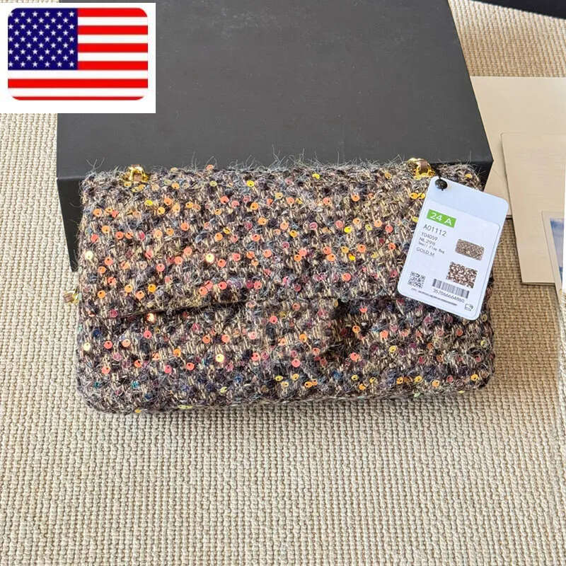 Ladies Knitting Tweed Shoulder Bag Colorful Stripes Sequins Pearl Decoration Golden Hardware Chain Classic Double Flap Crossbody Tote Stylish Handbag 26cm