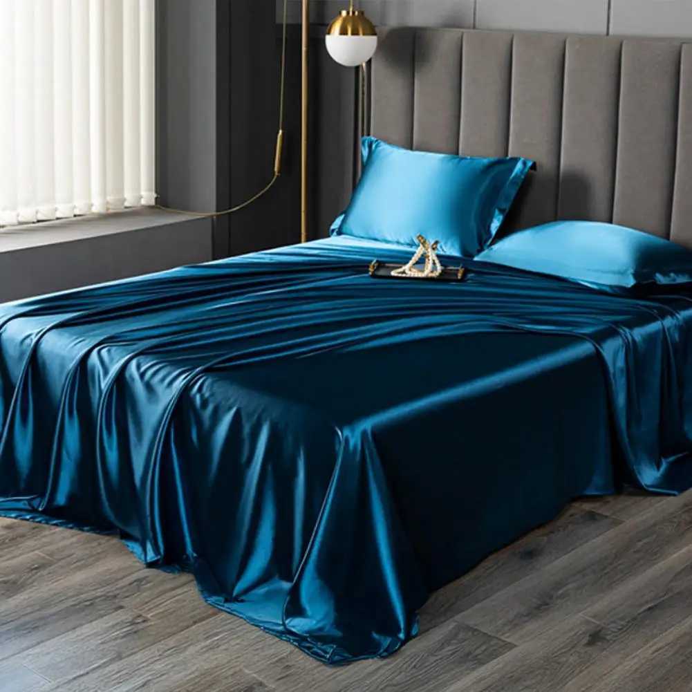 Glossy Satin Silk Bed Sheet With 2 Pillowcase TwinFullQueenTop Sheets Solid Color Flat Bed Sheets Smooth Bed Sheet Sets C250912