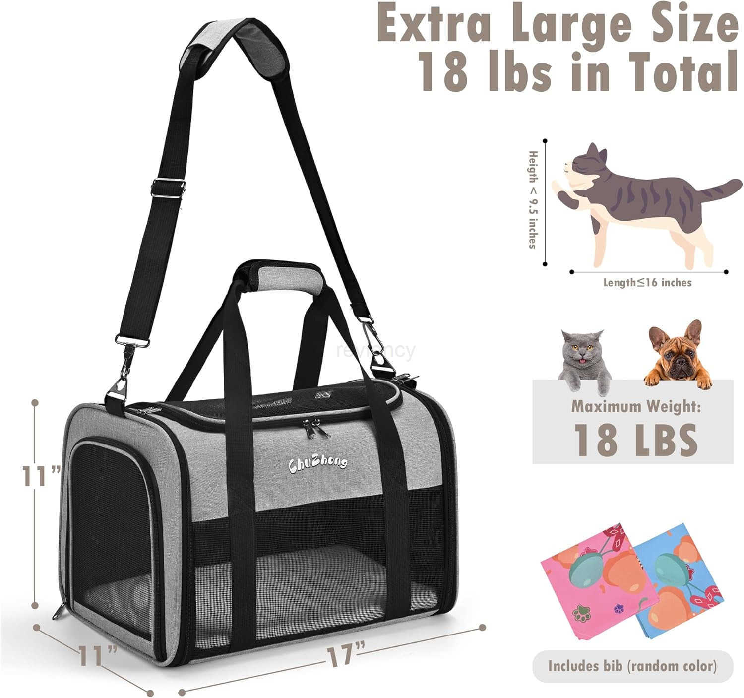 Cat Dog Carrier for Small Medium Cats Puppies up to 18 LbsGreySoft Sided Cat Bag Airline ApprovedCollapsible Pet Travel Carrier Portable Kennel with S