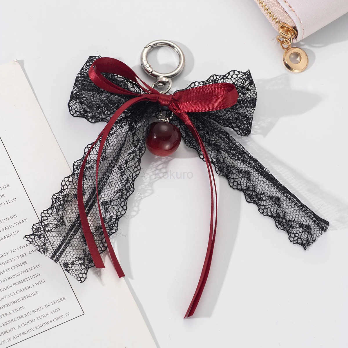 Lace bow Keychain Hollow Red Ribbon Cherry Y2k Fashion Design Charm Delicate Backpack Key Chain Valentines Day Gift Accessories M250912