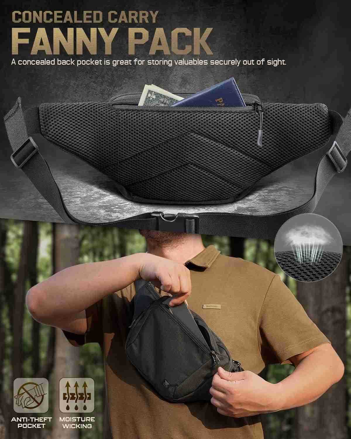 Concealed Carry Fanny Pack CCW Fanny Pack Waist Bag for Men Hip Bag Compact Belt Bag for Hiking EDC Waist PackAdjustable Up to 60 WaistW250912