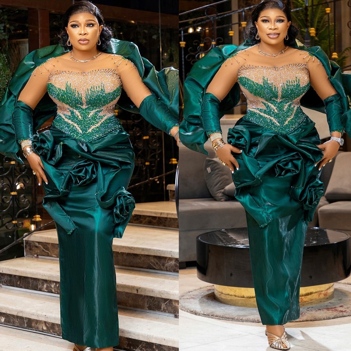 Aso Ebi Dark Green Sheath Prom Dresses 2025 Beaded Illusion Taffeta Evening Formal Party Second Birthday Engagement Gowns Plus Size Dress For Special 