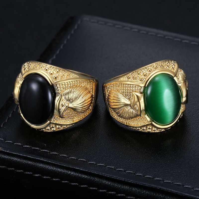 Hip Hop Retro Opal Stones Casting Eagle Ring Stainless Steel Finger Solitaire Ring Jewelry