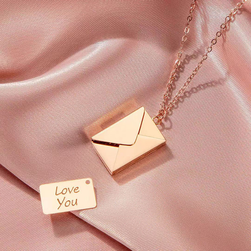 Unique Trendy Meise Jewelry Artistic Openable Envelope Commemorative Necklace with English Letter Card Stainless Steel Titanium Steel
