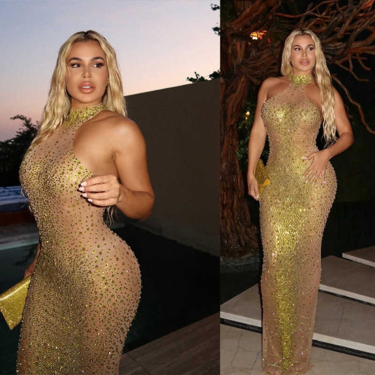 Sparkly Rhinestones Evening Dresses Sleeveless Halter Neck Sexy Mesh Transparent Prom Birthday Dress Photo Shoot Wear Customized