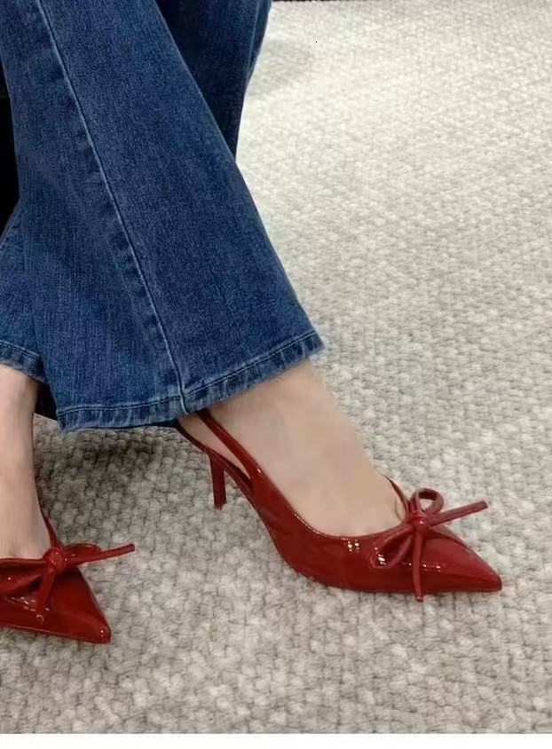 2025 Autumn New High Heels Light Luxury Elegant Versatile Butterfly Knot Lacquer Pointed Design Women's High Heels Designer Shoes