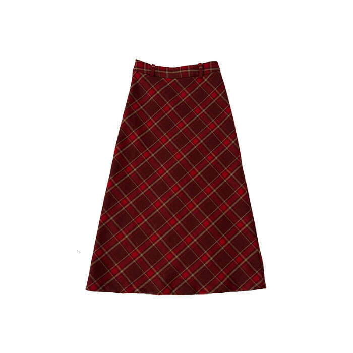 DHEssentials Red Plaid Woolen Midi for Women, Autumn and Winter French Style, Slimming High Waist Mid-Length A-Line Skirt