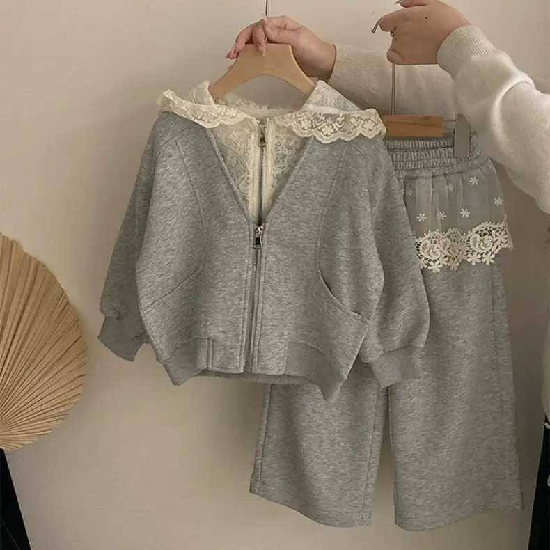 2025 Korean Girls Spring Set Lace Hooded Cardigan Apron Dress Chic 2Piece Casual Outfit Baby Girl Clothes C250912