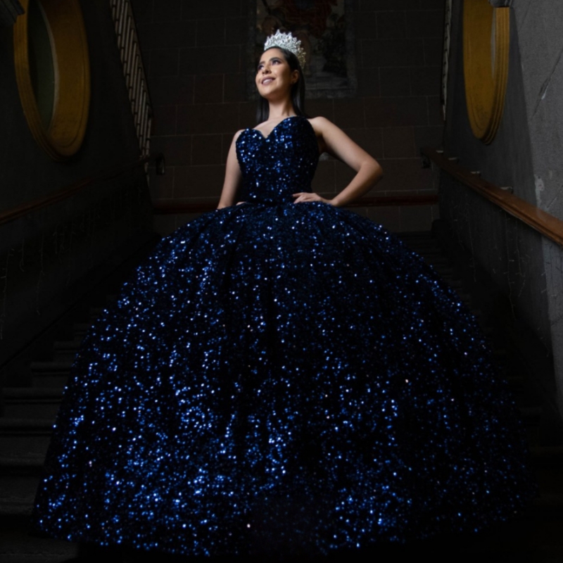Navy Blue Shiny Ball Gown Quinceanera Dresses Off The Shoulder Sequin Beads Party Birthday Sweet 16 Dress Vestidos 15 De Anos