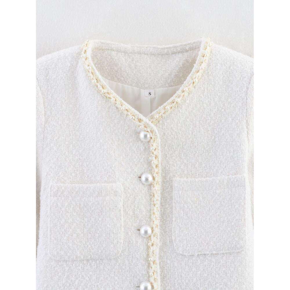 DHEssentials Summer New Women's Fashion Versatile Round Neck Long Sleeve Pocket Pearl Decorated Little Chanel Style Short Jacket