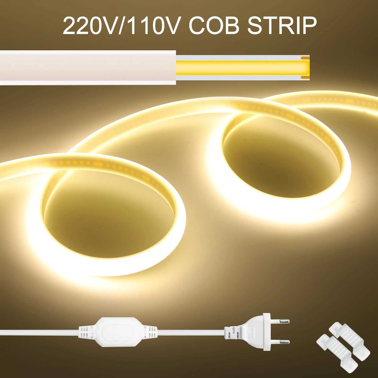110V 220V Super Bright COB LED Strip with EU UK US Plug 288LEDs Waterproof COB Tape Ribbon Outdoor Neon Lights For Kitchen Room C250912
