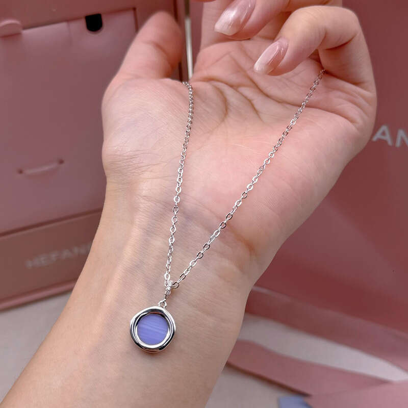 New HEFANG Blue Agate Seal Necklace Fashionable Light Versatile Round Disc Collarbone Chain Gift for Female Best Friend