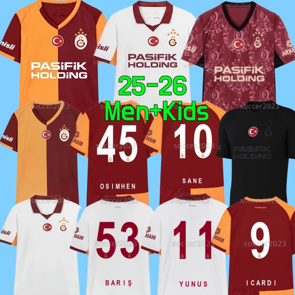 2025 2026 Galatasaray SANE Soccer Jerseys ICARDI ZANIOLI BAKAMBU MERTENS ZAHA AKGUN AKTURKOGLU 25 26 Turkey Home Away Third Players fans Football Shirt men kids kit