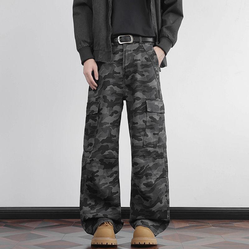 Men's Jeans Autumn Winter Camouflage Cargo Jeans -&Elastic Waistband (Semi) + Button Belt Design, Stylish Versatile Long Pants Unisex