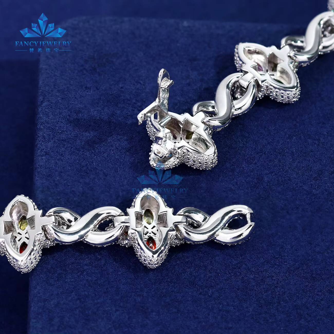 2025 Colorful Marquise Eye Moissanite Four Leaf Clover 925 Silver Cuban Chain Bracelet Gold Plated Mens Women Party Jewelry Gift