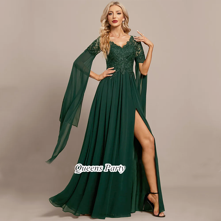 Chiffon Mother of The Bride Dress Long Sleeves V Neck Illusion Back Applique A Line High Split Wedding Party Dresses Guest Gown