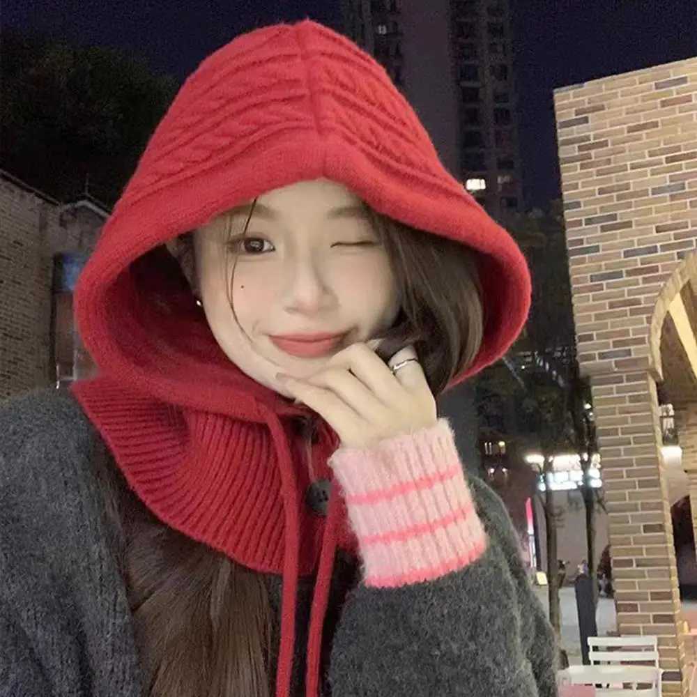 Korean Knitted clava Fashion Solid Color Plover Hat Winter Warm Hooded Hat For Wen One Piece Neck Collar Beanies G250910