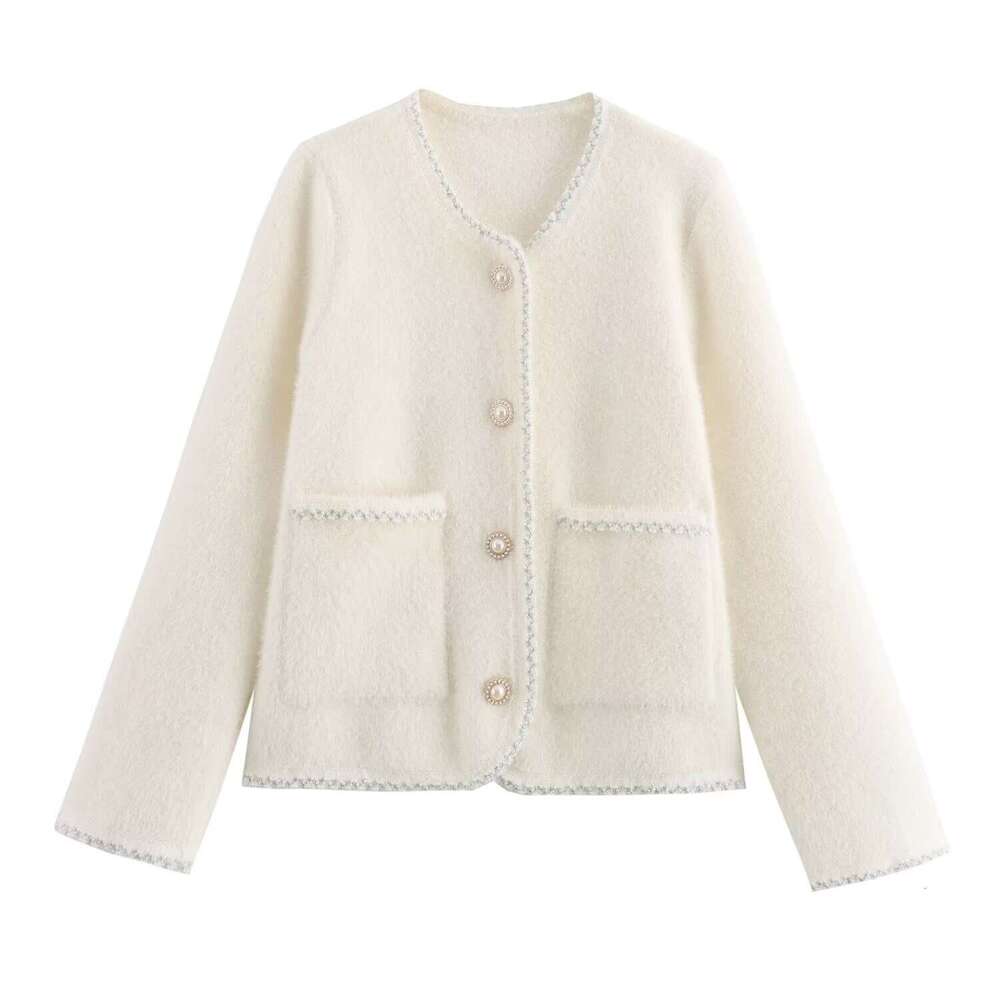 DHEssentials 2025 Autumn New French Style Gentle Pearl Shiny Lace Trim Knitted Cardigan Sweater