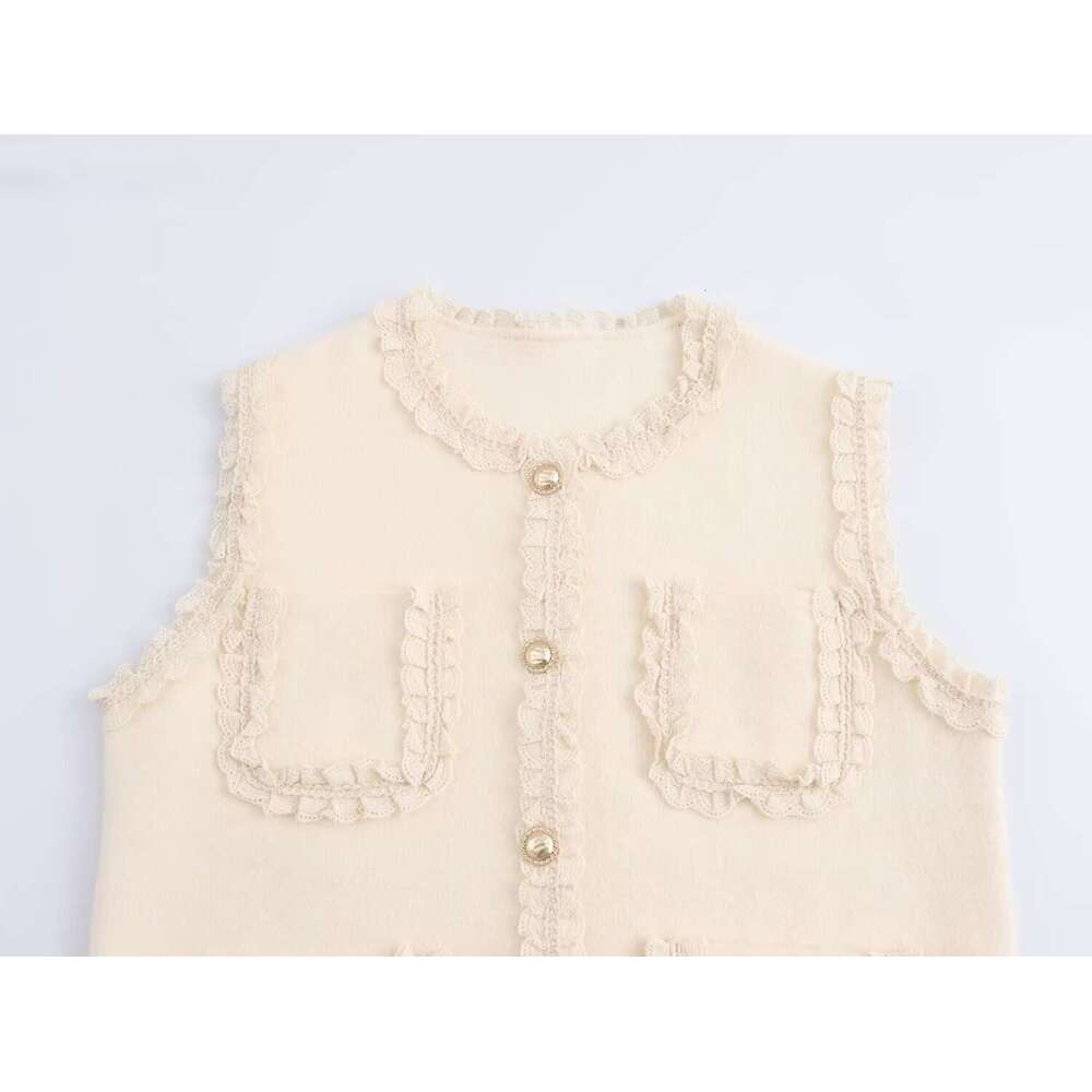 DHEssentials 2025 Autumn New French Style Lace Sweet Knitted Sleeveless Cardigan Vest