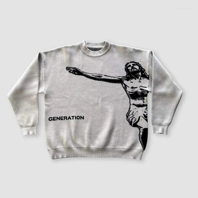 Men's Sweaters Y2K Harajuku Retro Saviour Knit Sweater American Trendy Avatar Letter Daily Pullover Autumn Winter Warm Boxy Clothes